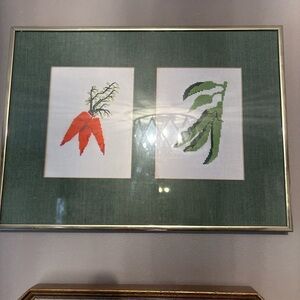 Framed Cross-Stitch Carrots and Peas Wall Art - Green Mat